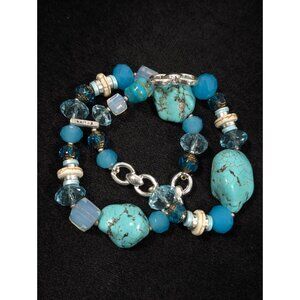 Napier Two Strand Blue Stone Faux Turquoise Glass Bead‎ Stretch Bracelet 6.75 in
